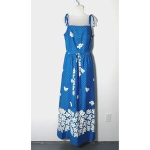 Vtg 60s Malia Blue White Floral Sleeveless Strap‎ Cotton Maxi Long Dress MEDIUM